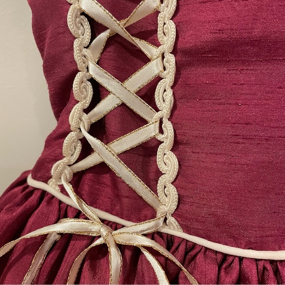 Burgundy with cream lace trim long dress size 5 - Picture 3 of 11